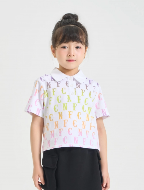 Áo polo bé gái cotton phối màu có hình in