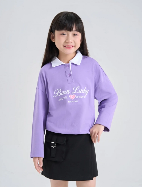 Áo polo bé gái cotton USA dài tay có hình in