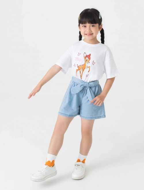 Áo phông bé gái cotton cổ tròn cộc tay có hình in BAMBI