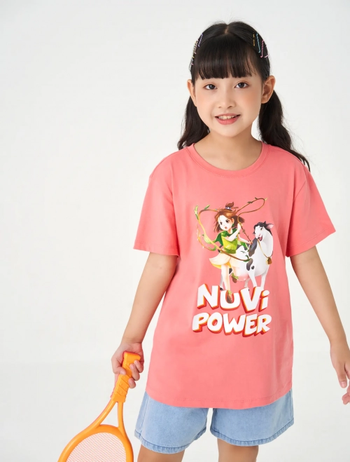 Áo phông bé gái cổ tròn cộc tay có hình in Nuvi
