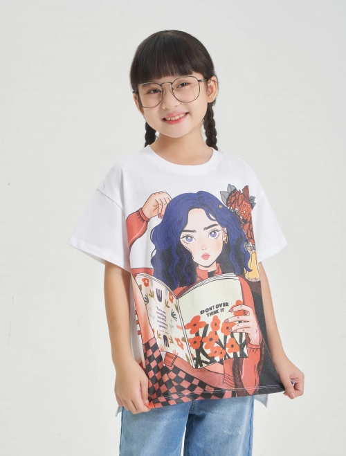 Áo phông bé gái cotton dáng oversize có hình in