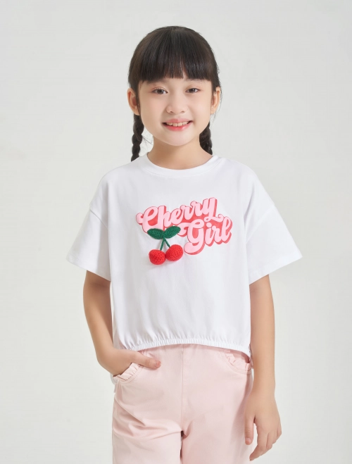 Áo phông bé gái cotton USA dáng ngắn đính patch