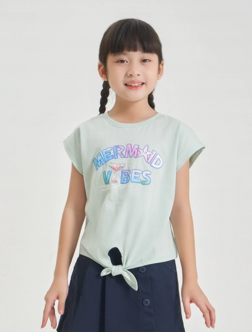 Áo phông bé gái cotton USA vai chờm buộc vạt