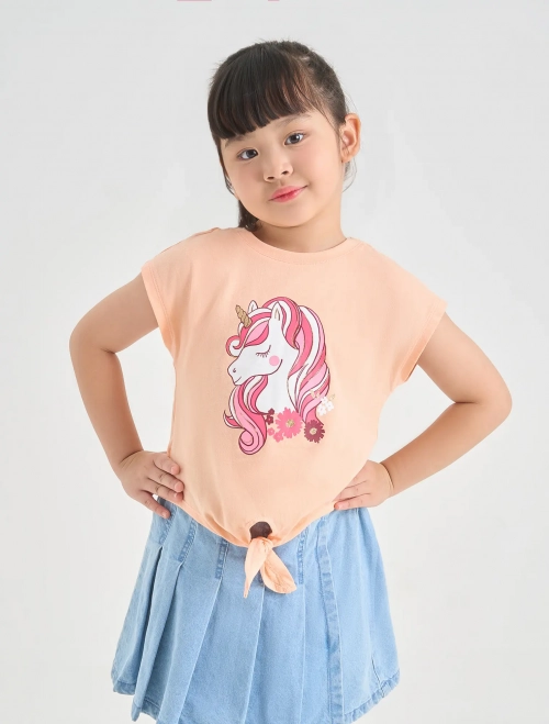 Áo phông bé gái cotton USA vai chờm buộc vạt