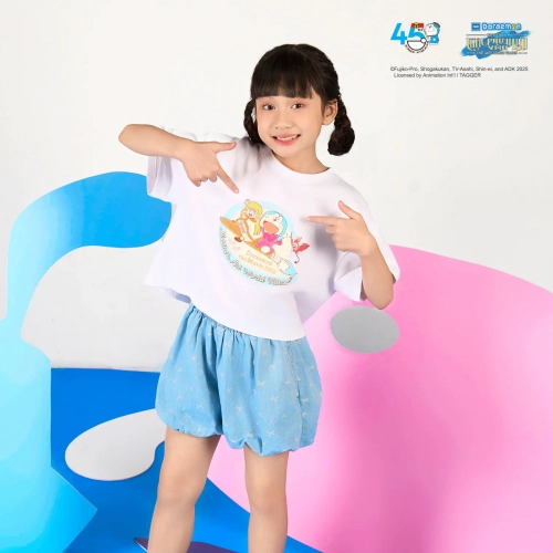 Áo phông bé gái cotton USA dáng croptop in hình Doraemon
