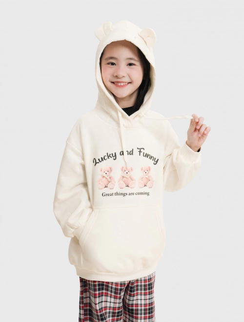 Áo nỉ bé gái mũ tai gấu có hình in