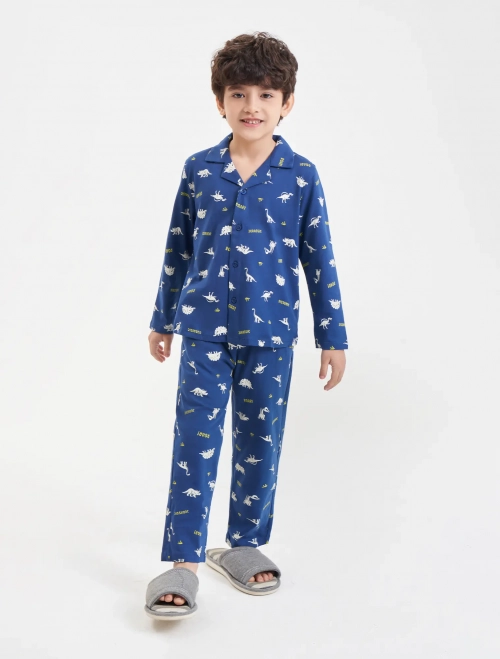 Bộ pyjama bé trai cotton áo dài tay quần dài in họa tiết