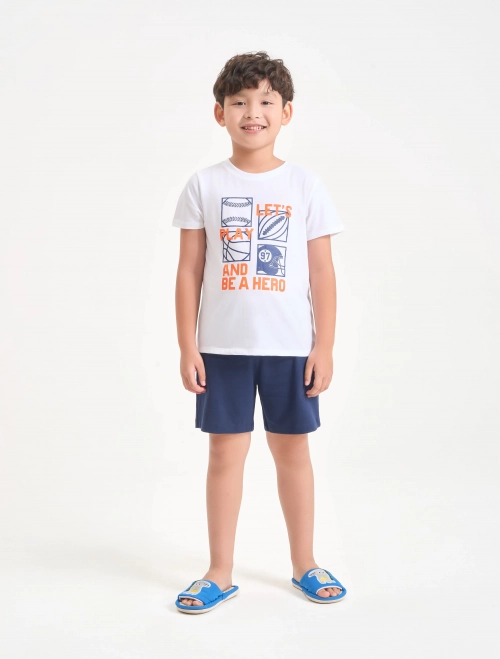 Bộ mặc nhà bé trai áo cộc tay quần soóc có hình in