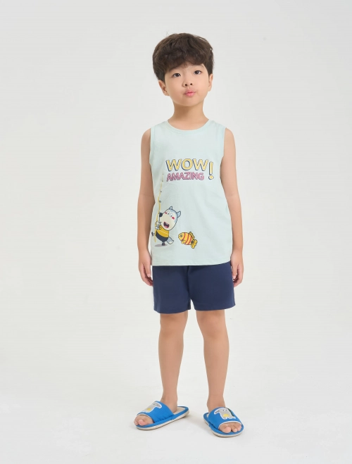 Bộ mặc nhà bé trai cotton USA in hình Wolfoo