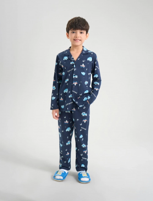 Bộ pyjama bé trai cotton dài tay quần dài hoạ tiết