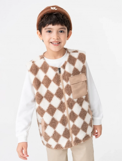 Áo khoác gilet bé trai hai lớp giả lông họa tiết trám