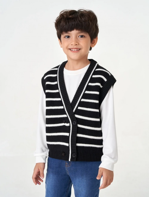 Áo len gilet bé trai cổ V cài cúc kẻ ngang