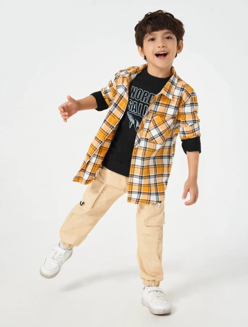 Áo sơ mi bé trai cotton cổ đức dài tay họa tiết kẻ