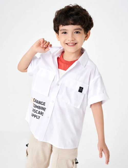 Áo sơ mi bé trai cotton cổ đức cộc tay có hình in
