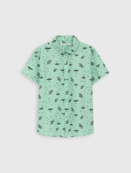 Áo sơ mi bé trai cotton cổ đức cộc tay in họa tiết