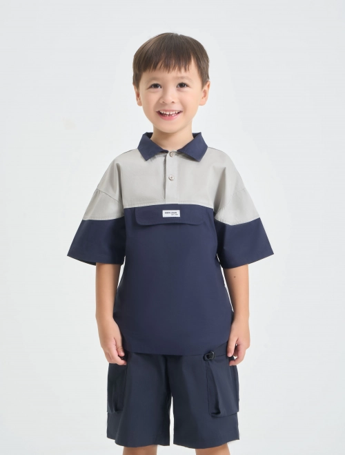 Áo sơ mi bé trai cotton phối màu dáng rộng