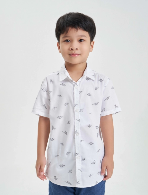 Áo sơ mi bé trai cotton cộc tay in hoạ tiết
