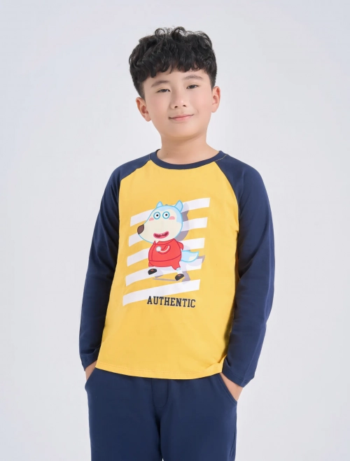 Áo phông bé trai cotton USA dài tay in hình Wolfoo