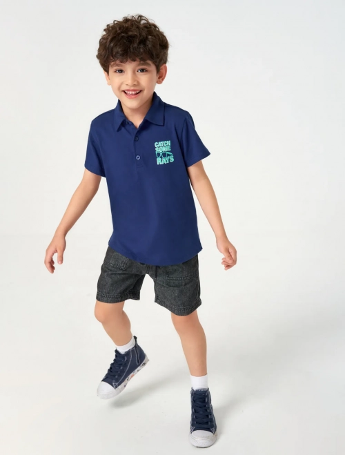 Áo polo bé trai cotton cổ bẻ cộc tay có hình in