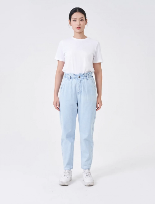 Quần jeans nữ cotton cạp nhún chun dáng slouchy