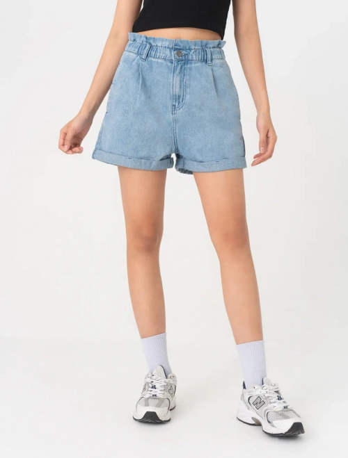 Quần soóc cotton jeans cạp nhún chun dáng suông