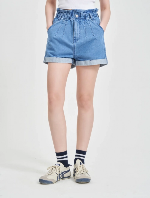 Quần soóc jeans nữ cotton cạp cao phối bèo dáng suông
