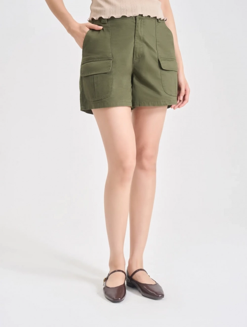 Quần soóc khaki nữ cạp cao túi hộp