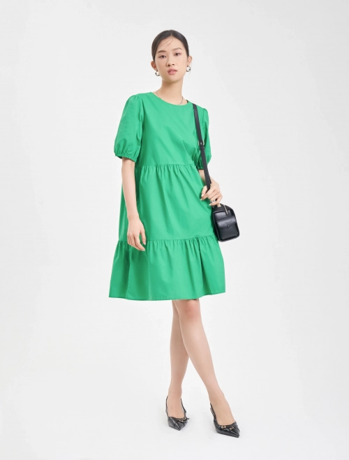 Váy liền nữ cotton cộc tay cắt tầng dáng dài