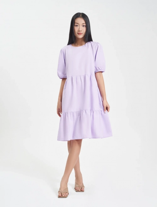 Váy liền nữ cotton cộc tay cắt tầng dáng dài