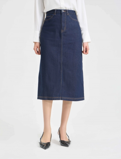 Chân váy jeans nữ cotton dáng dài chữ A