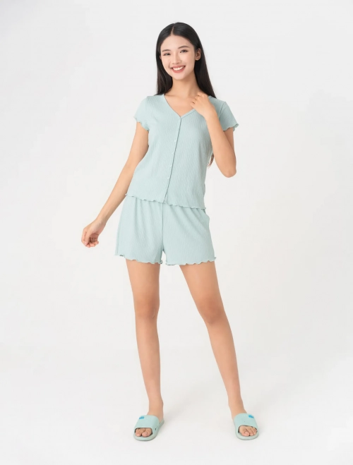 Bộ mặc nhà nữ cổ tim mở cúc cộc tay quần đùi