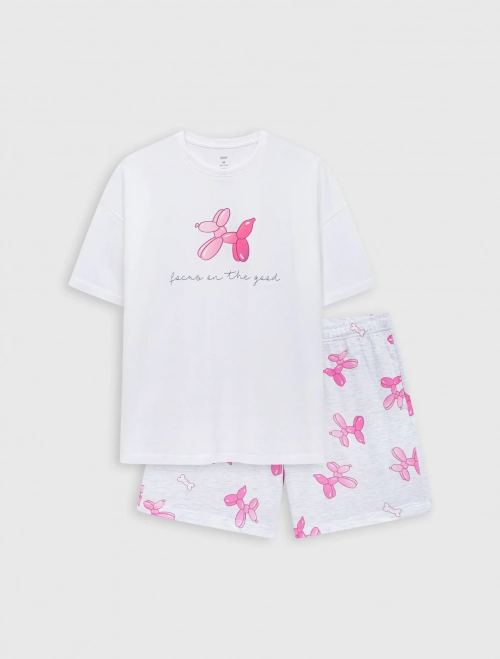 Bộ mặc nhà nữ cotton cộc tay quần soóc cạp chun có hình in