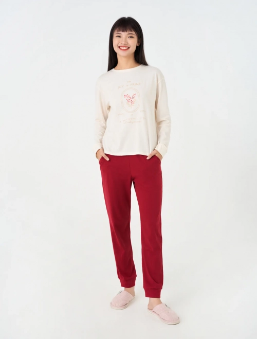 Bộ mặc nhà nữ cotton dài tay quần dài có hình in