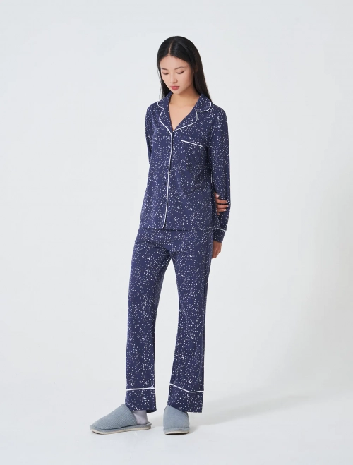 Bộ pyjama nữ áo dài tay quần dài in hoạ tiết