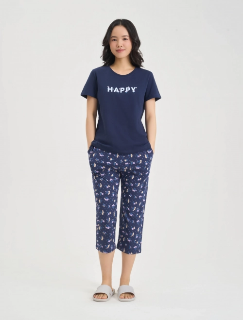 Bộ mặc nhà nữ cotton cộc tay quần lửng có hình in