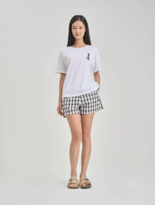 Bộ mặc nhà nữ cotton có hình in phối quần kẻ