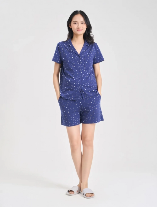 Bộ pyjama nữ cộc tay quần soóc in hoạ tiết