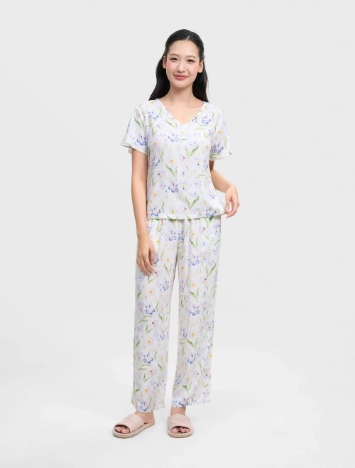 Bộ mặc nhà nữ viscose dáng suông in hoạ tiết