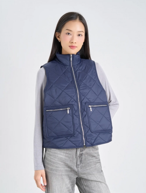 Áo khoác gilet chần bông cổ cao, kéo khóa