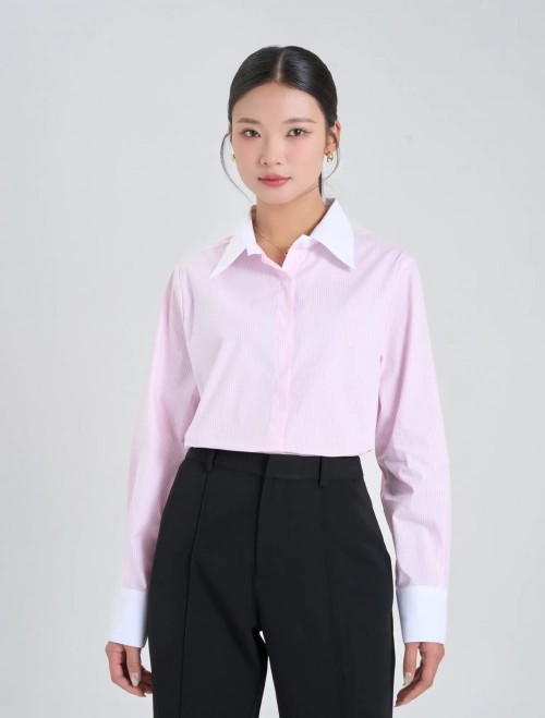 Áo sơ mi nữ kẻ phối màu dài tay dáng suông