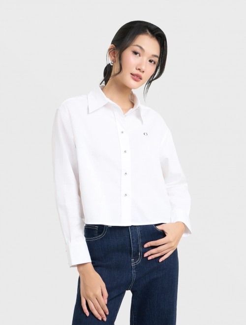 Áo sơ mi dài tay nữ cotton USA dài tay dáng ngắn