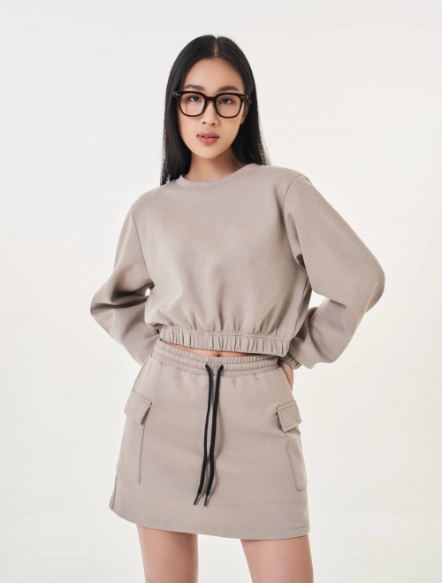 Áo phông nữ interlock dài tay dáng crop top  chun gấu