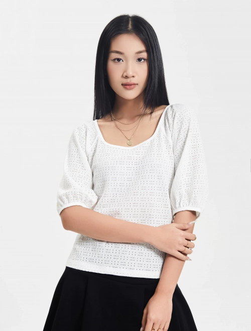 Áo kiểu nữ vải dệt họa tiết tay bồng