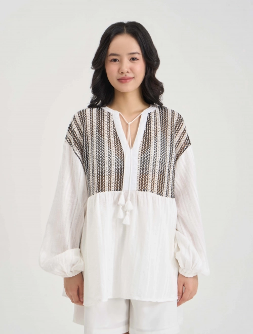 Áo kiểu nữ cotton dáng babydoll phối ren