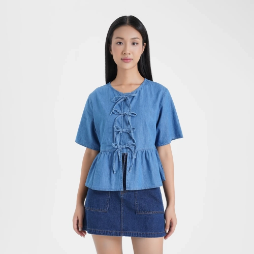 Áo kiểu nữ cotton denim tay ngắn buộc nơ