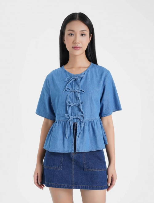 Áo kiểu nữ cotton denim tay ngắn buộc nơ