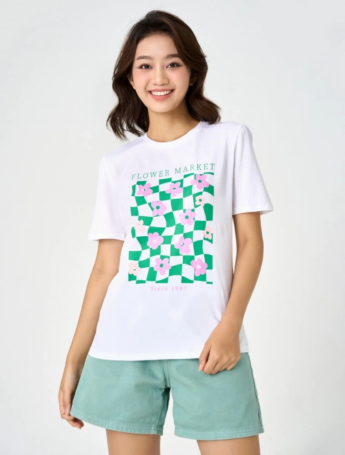 Áo phông nữ cotton cổ tròn dáng suông có hình in