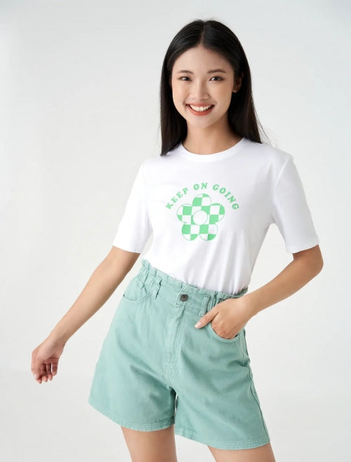 Áo phông nữ cổ tròn tay bo có hình in