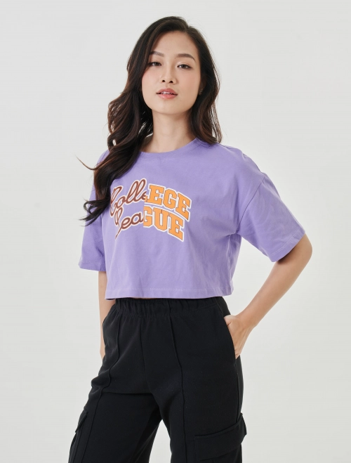 Áo phông nữ cotton dáng ngắn in chữ