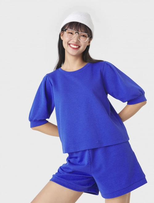 Áo phông nữ interlock dáng ngắn tay xếp ly